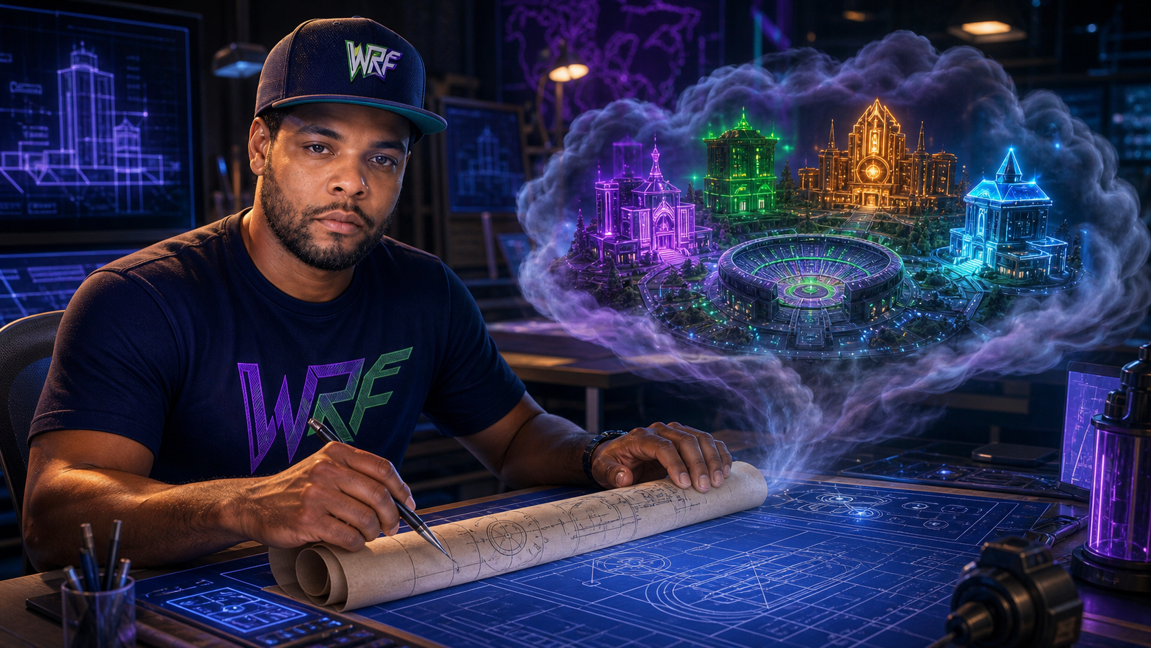 A stylized game likeness of Jarvis Shivers at the Architect's blueprint table as Rolling World forms in a cloud